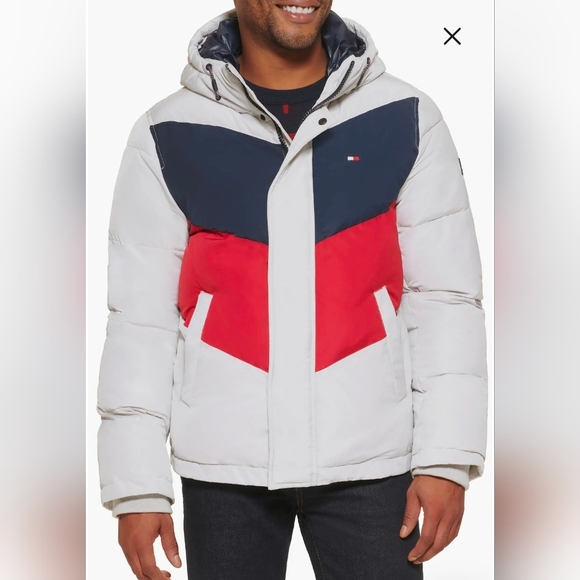 Tommy Hilfiger Wind Resistant Hooded Puffer Chevron Colorblock LG - Picture 2 of 12